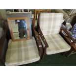 A PAIR OF LOW TEAK FRAMED STUDIO ARMCHAIR FRAMES (CUSHIONS FOR ILLUSTRATION PURPOSES ONLY)