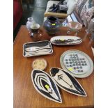 STUDIO POTTERY SOLITAIRE BOARD WITH MARBLES, STUDIO POTTERY VASES, OBLONG DISH AND FISH DISHES.