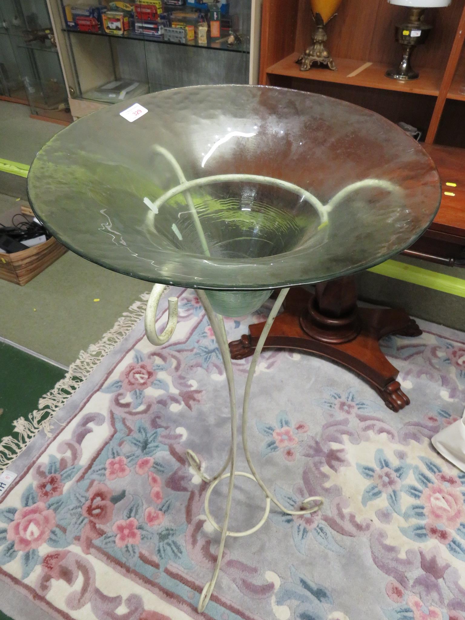 LARGE MODERN GLASS DECORATIVE BOWL ON METAL STAND.