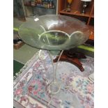 LARGE MODERN GLASS DECORATIVE BOWL ON METAL STAND.