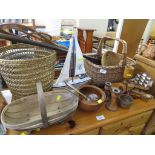 SELECTION OF TREEN AND WICKER ITEMS INCLUDING RUG BEATER, BASKET, TRUG, CANDLE STICKS, HOUR GLASS