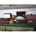 FOUR JEWELLERY CASES WITH CONTENTS OF MIXED COSTUME JEWELLERY, TWO WICKER OWLS WITH CONTENTS OF