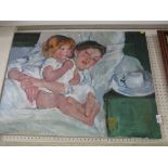 UN FRAMED OIL ON CANVAS OF MOTHER AND CHILD.
