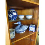 A GINGER JAR, TWO RICE BOWLS, BLUE AND WHITE DUCK DISH AND TWO PIERCED CHINA PLANTERS.