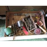 BOX OF HAND TOOLS, DRILL BITS AND OTHER ITEMS.