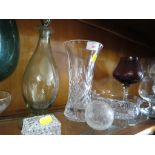BRANDY GLASSES, WINE GLASSES, AND OTHER GLASS WARE INCLUDING DECANTER. (ONE SHELF)