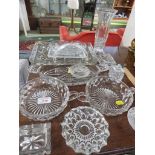 ASSORTED GLASS WARE INCLUDING DRESSING TABLE TRAY AND VASE.