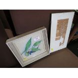 A FRAMED AND GLAZED WATERCOLOUR OF A FAIRY IN A HAMMOCK AND A LIMITED EDITION ETCHING TITLED