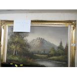 FRAMED OIL ON CANVAS OF WOODLAND WITH MOUNTAINS BEYOND SIGNED M BURTON LOWER RIGHT.