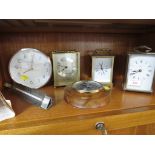 THREE QUARTZ MANTEL CLOCKS, A WALL CLOCK, MOUNTED BAROMETER AND A COOKMETER THERMOMETER.