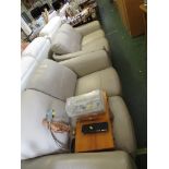 PAIR OF TWO SEATER SOFAS IN CREAM LEATHER EFFECT UPHOLSTERY, AND FOOT STOOL.