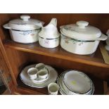 ROYAL DOULTON JUNO PART DINNER WARE AND FOUR HARVEST GARDEN RAMEKINS. (TWO SHELVES)