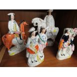 FOUR ASSORTED STAFFORDSHIRE STYLE FIGURES, INCLUDING HIGHWAYMAN ON HORSE BACK.