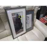 FRAMED AND GLAZED PRINT OF CAT AND A FRAMED AND GLAZED CHARCOAL PORTRAIT OF WOMAN.