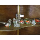 GLASS PAPERWEIGHTS AND ORNAMENTS. (ONE SHELF)