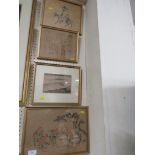 FOUR FRAMED JAPANESE PRINTS INCLUDING MOUNT FUJI AND FIGURES AROUND CAULDRON.