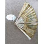 VICTORIAN MOTHER OF PEARL AND PAINTED SILK FAN (REQUIRES RESTORATION) WITH J DUVELLEROY OF REGENT
