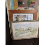 THREE FRAMED PICTURES INCLUDING WATER COLOUR OF MOORLAND COTTAGE.