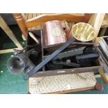 OAK SEGMENTED TRAY WITH CONTENTS INCLUDING MINCER , FLAT IRON , COPPER ALE MEASURE AND OTHER ITEMS.