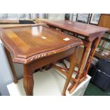 NEST OF TWO MAHOGANY VENEER OCCASIONAL TABLES AND ONE OTHER TABLE.
