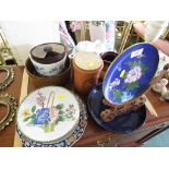 TWO CLOISONNE DISHES, BAKELITE SEGMENTED BOWL AND A SELECTION OF CHINA.