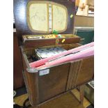 VINTAGE OAK LIFT TOP SEWING BOX WITH CONTENTS.