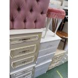 TWO PAIRS OF WHITE MELAMINE BEDSIDE CHESTS AND TWO UPHOLSTERED DRESSING STOOLS.