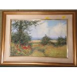 PAMELA DERRY - 'SUMMER COLOURS' COUNTRYSIDE SCENE OF POPPIES, OIL ON BOARD, 29CM X 44CM, SIGNED