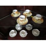 SARREGUEMINES COFFEE CUPS AND SAUCERS, AND FOUR VICTORIA CHINA CABINET CUPS AND SAUCERS.
