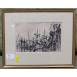 QUAYSIDE WITH SHIPS AND FIGURES, ETCHING, MARKED WHISTLER 1859 MIDDLE RIGHT, (12.5CM X 20CM), FRAMED