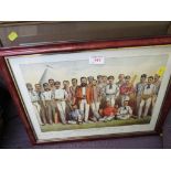 FAMOUS ENGLISH CRICKETERS 1880 PRINT, AND FOUR FRAMED AND GLAZED ENGRAVINGS