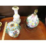 FAR EASTERN STYLE GINGER JAR , TABLE LAMP TOGETHER WITH TWO OTHER CHINA LAMP BASES.