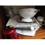 A SMALL SELECTION OF KITCHEN WARE INCLUDING FOOD PROCESSOR , MUGS ETC.