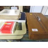 OAK CUTLERY BOX WITH CONTENTS OF BONE HANDLED FISH EATERS TOGETHER WITH PLACE MATS.