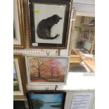 TWO OIL ON BOARDS SIGNED PIPER - A LAKE SCENE AND AUTUMNAL TREES, AND A FRAMED AND GLAZED PRINT OF A