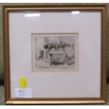 DOG ON HUTCH, ETCHING, MARKED WHISTLER TOP RIGHT, (7CM X 9CM), FRAMED AND GLAZED