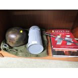 TWO SWAGGER STICKS, CANVAS KIT BAG, A HELMET, GERMAN STORAGE CONTAINER AND TWO BOOKS - WAFFEN-SS AND