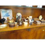 DECORATIVE FIGURERS, TOURIST WARE BOXES AND OTHER ITEMS. ONE SHELF.