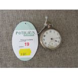 OPEN FACE POCKET WATCH WITH ENAMEL DIAL AND ARABIC NUMERALS, 800 IMPORTED WHITE METAL CASE