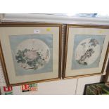 TWO CHINESE OR JAPANESE PRINTS ON SILK DEPICTING FLOWERS AND INSECTS, FRAMED AND GLAZED