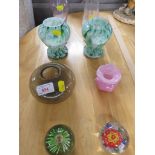 EIGHT ITEMS OF GLASS WARE INCLUDING PAPERWEIGHTS AND VASES.