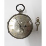 ENGRAVED SILVER AND GILT OPEN FACE POCKET WATCH, KEY WINDING, ENGRAVED AND ENGINE TURNED DIAL WITH