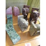 TWO PAIRS OF POLISHED STONE BOOK ENDS IN THE FORM OF ELEPHANTS, TOGETHER WITH OTHER POLISHED STONE