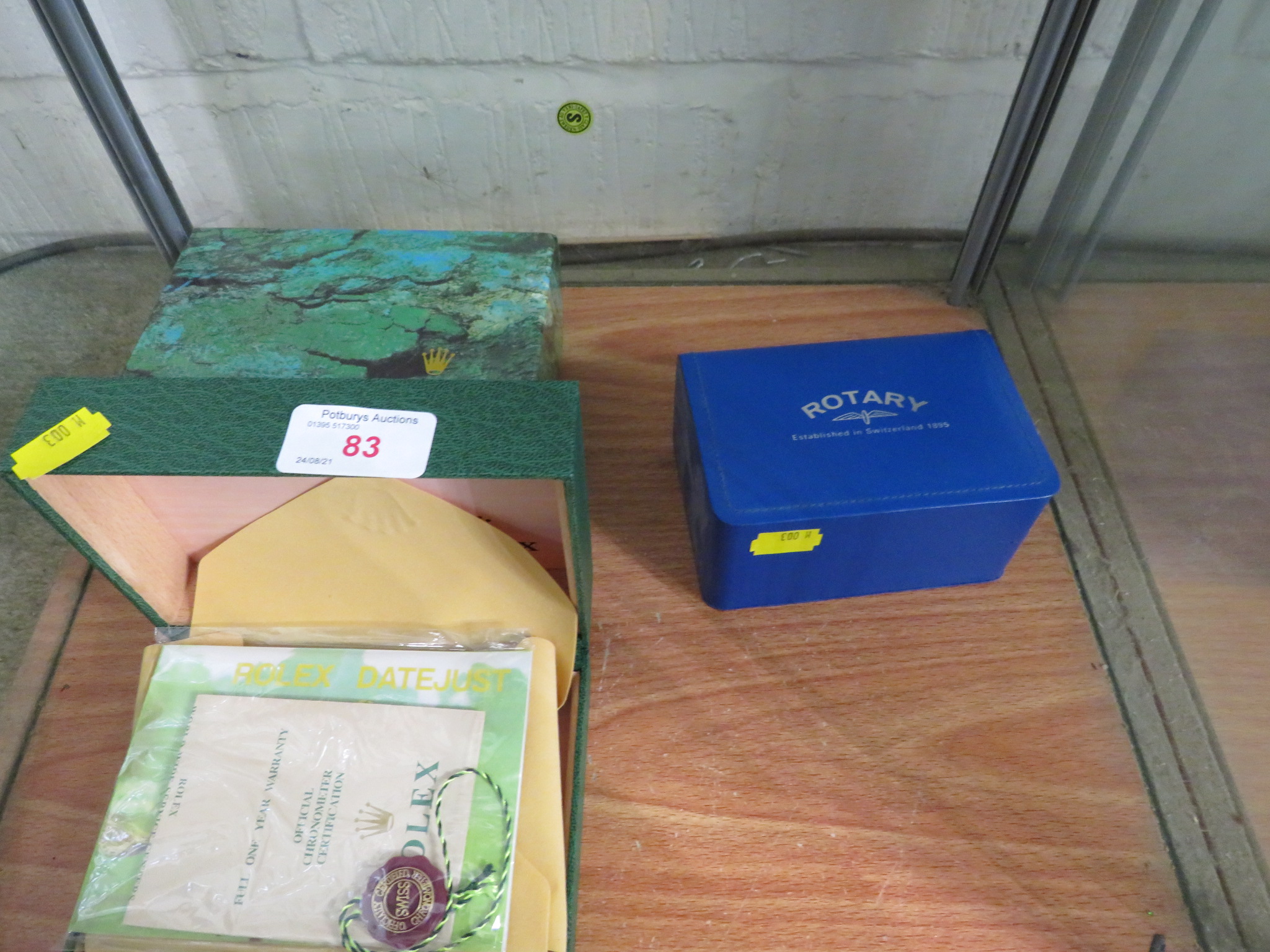 EMPTY WATCH BOXES - A GREEN ROLEX BOX WITH ROLEX OYSTER OUTER CARDBOARD BOX WITH ROLEX DATEJUST