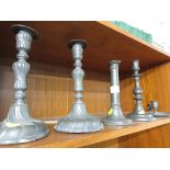 PEWTER - A PAIR OF WRYTHEN BALUSTER CANDLESTICKS, ONE WITH CROWN X MARK, ONE BALUSTER CANDLESTICK,