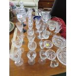 ASSORTED WINE GLASSES AND DRINKING VESSELS, CRUETS WITH SILVER-PLATED MOUNTS, CANDLE HOLDER AND