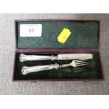 VICTORIAN SILVER CHRISTENING KNIFE AND FORK (A/F) IN LEATHER CLAD CASE