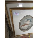 SIX FRAMED AND GLAZED COLOURED PRINTS INCLUDING AN ENGRAVING TITLED ENGLISH COURTSHIP.