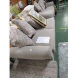 GREY UPHOLSTERED TWO-SEATER SOFA AND MATCHING TWO-SEATER SOFABED, WITH PATTERNED BACK CUSHIONS AND