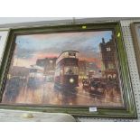 FRAMED PRINT ON BOARD OF EVENING CITY SCENE AFTER DON BRECKON